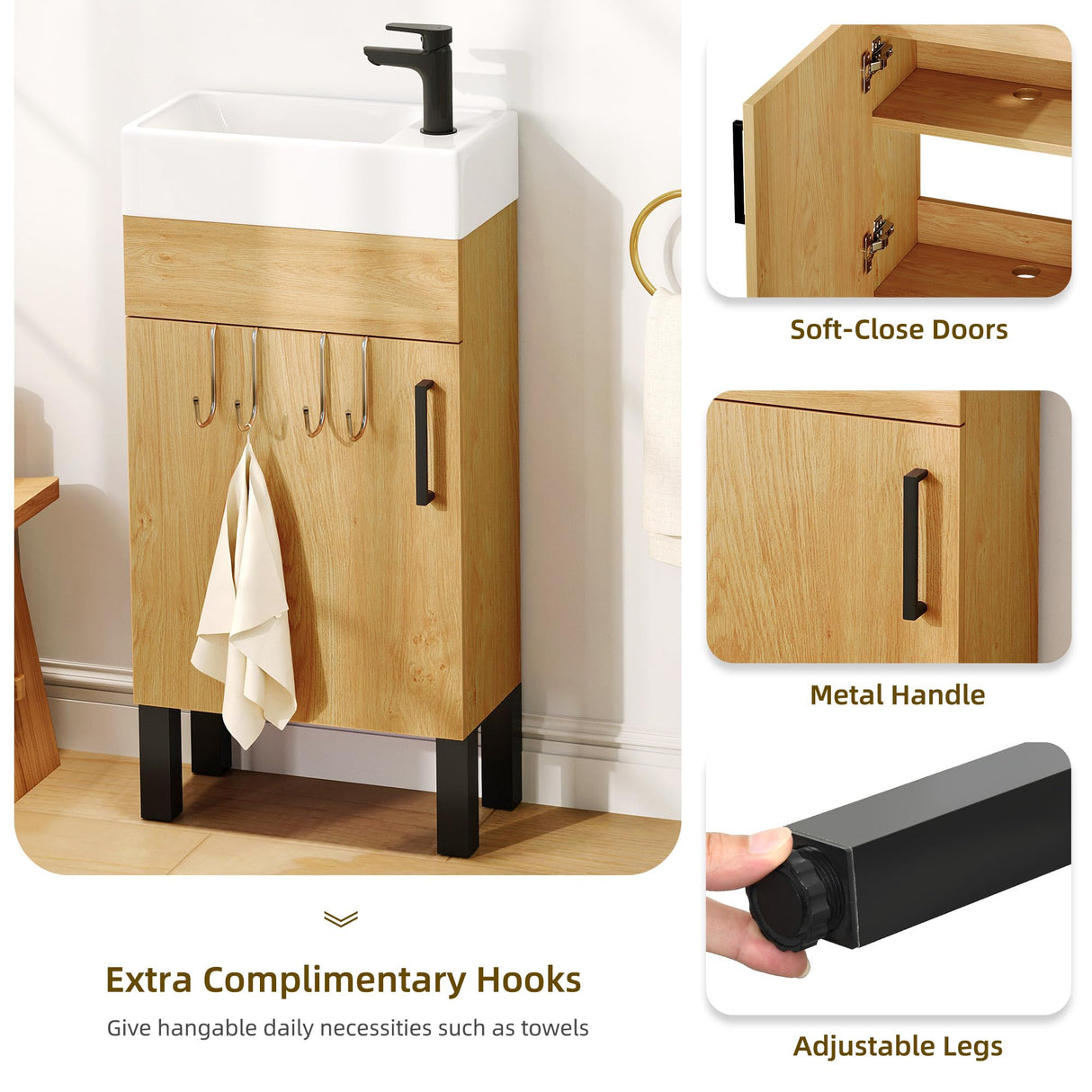 DWVO 16 Inch Bathroom Vanity Sink Combo for Small Space, Freestanding Bathroom Cabinet with Undermount Ceramic Sink, Modern Bathroom Storge Vanity Soft-Close Doors, Natural Brown DWVO