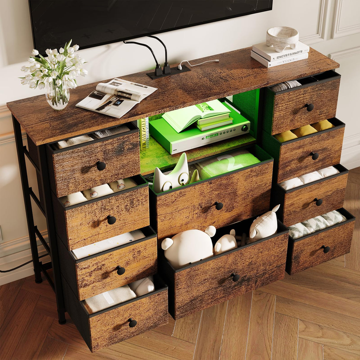 Dresser for Bedroom with 10 Drawers, Storage Organizer TV Stand for 55" TV with LED Lights and Sockets, Fabric Chest of Drawers with PU Finish for Kid Room, Entryway, Living Room, Hallway, Brown LIWEIJIA