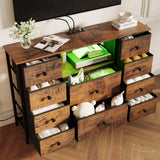 Dresser for Bedroom with 10 Drawers, Storage Organizer TV Stand for 55" TV with LED Lights and Sockets, Fabric Chest of Drawers with PU Finish for Kid Room, Entryway, Living Room, Hallway, Brown LIWEIJIA