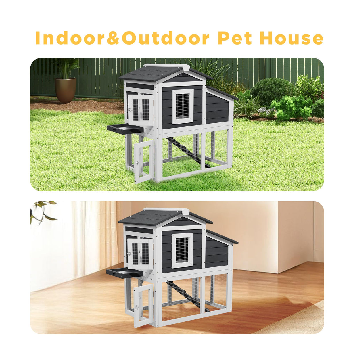 Wooden Chicken Coops with Nesting Boxes Indoor Outdoor,Small Chicken Coop for 2 Chickens,Bunny House Rabbit Hutch Poultry Pet Run Cage with Waterproof Roof,Stairs&Removable Tray TenaoVilleux