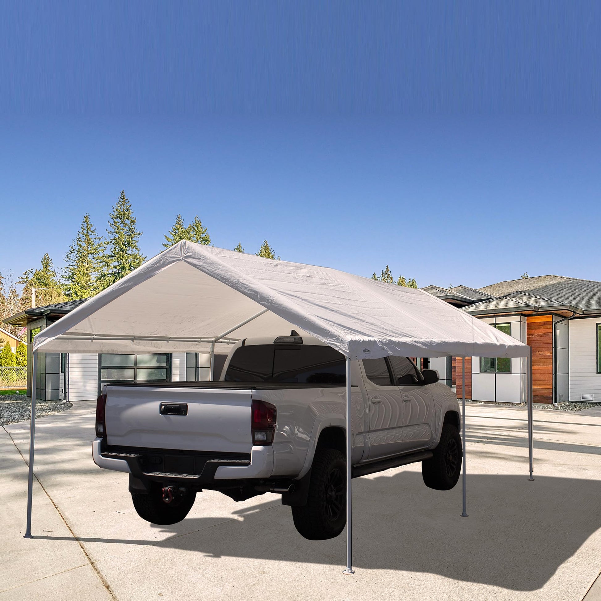 Caravan Canopy Powder Coated Heavy Duty Steel Frame Pop Up Carport with 6 Steel Stakes for Outdoor Activities and Events, White - WoodArtSupply