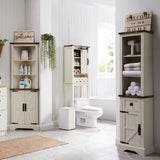 OKD Rustic Oak Tall Linen Tower with Adjustable Shelves and Storage Drawer in Antique White OKD