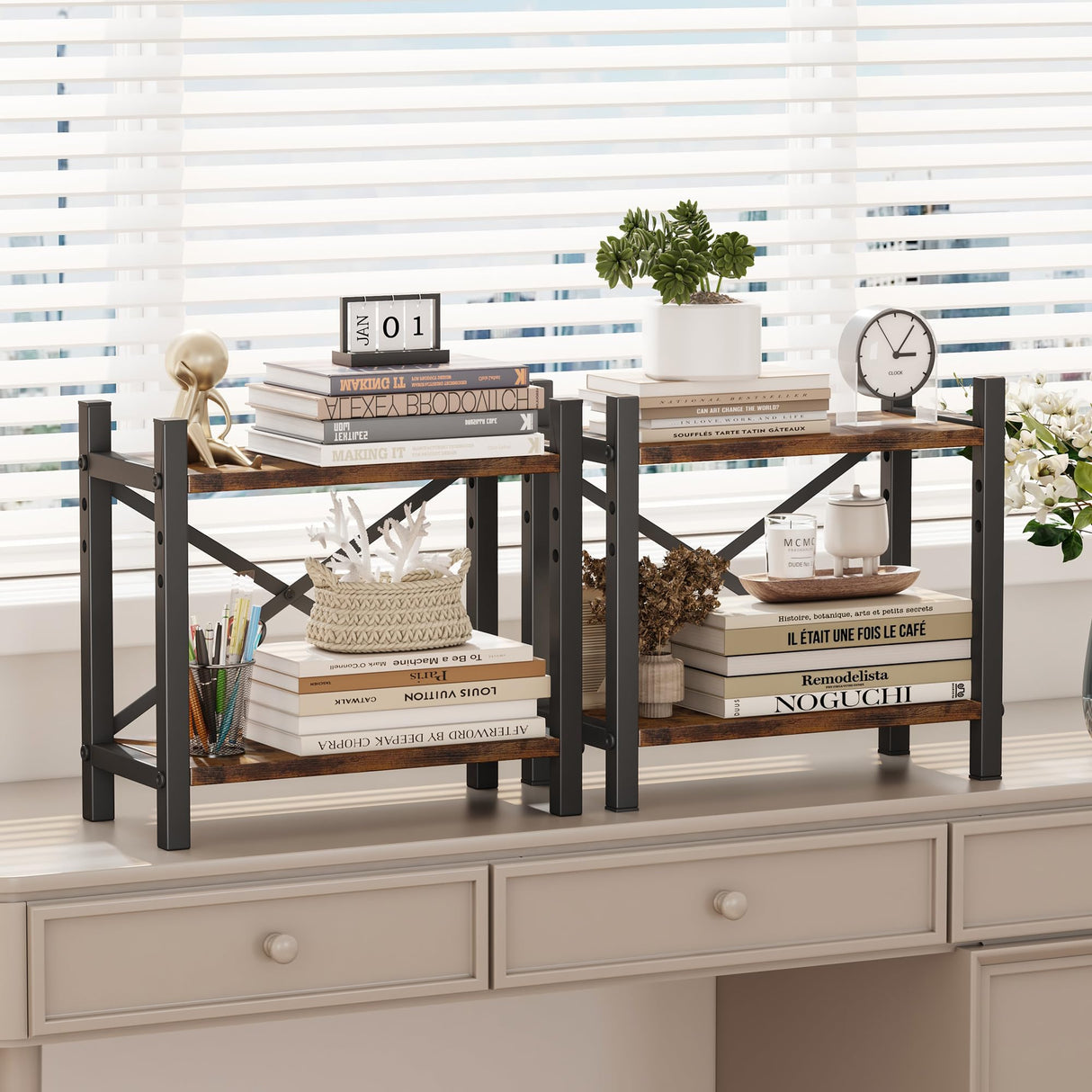 Desktop Bookshelf, 4-Tier Stackable Narrow Bookcase, Adjustable Industrial Desk Organizer & Hutch - Rustic Brown Wood Desktop Book Organizer for Living Room, Bedroom & Home Office Homeiju