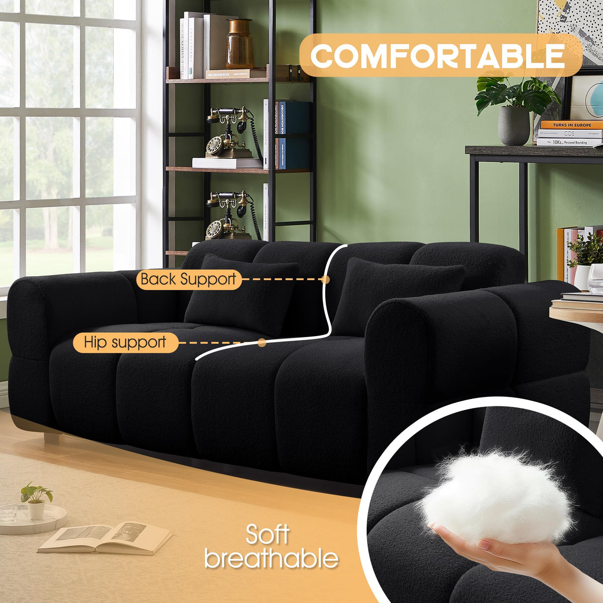 PINSOLID 80" Modern Sofa Couch, Comfy Deep Seat Lambswool Cloud Sofa, Upholstered 3-Seater Boucle Couch, Oversized Loveseat for Living Room, Bedroom, Office, Apartment(Black) PINSOLID