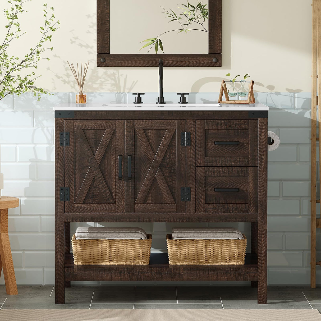 AMERLIFE 36" Farmhouse Bathroom Vanity with Sink Combo, Freestanding Small Single Wood Barn Door Bath Storage Cabinet Set with Sliding Drawers & Open Shelf, Paper Towel Holder, Rustic Brown AMERLIFE