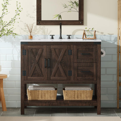 AMERLIFE 36" Farmhouse Bathroom Vanity with Sink Combo, Freestanding Small Single Wood Barn Door Bath Storage Cabinet Set with Sliding Drawers & Open Shelf, Paper Towel Holder, Rustic Brown AMERLIFE