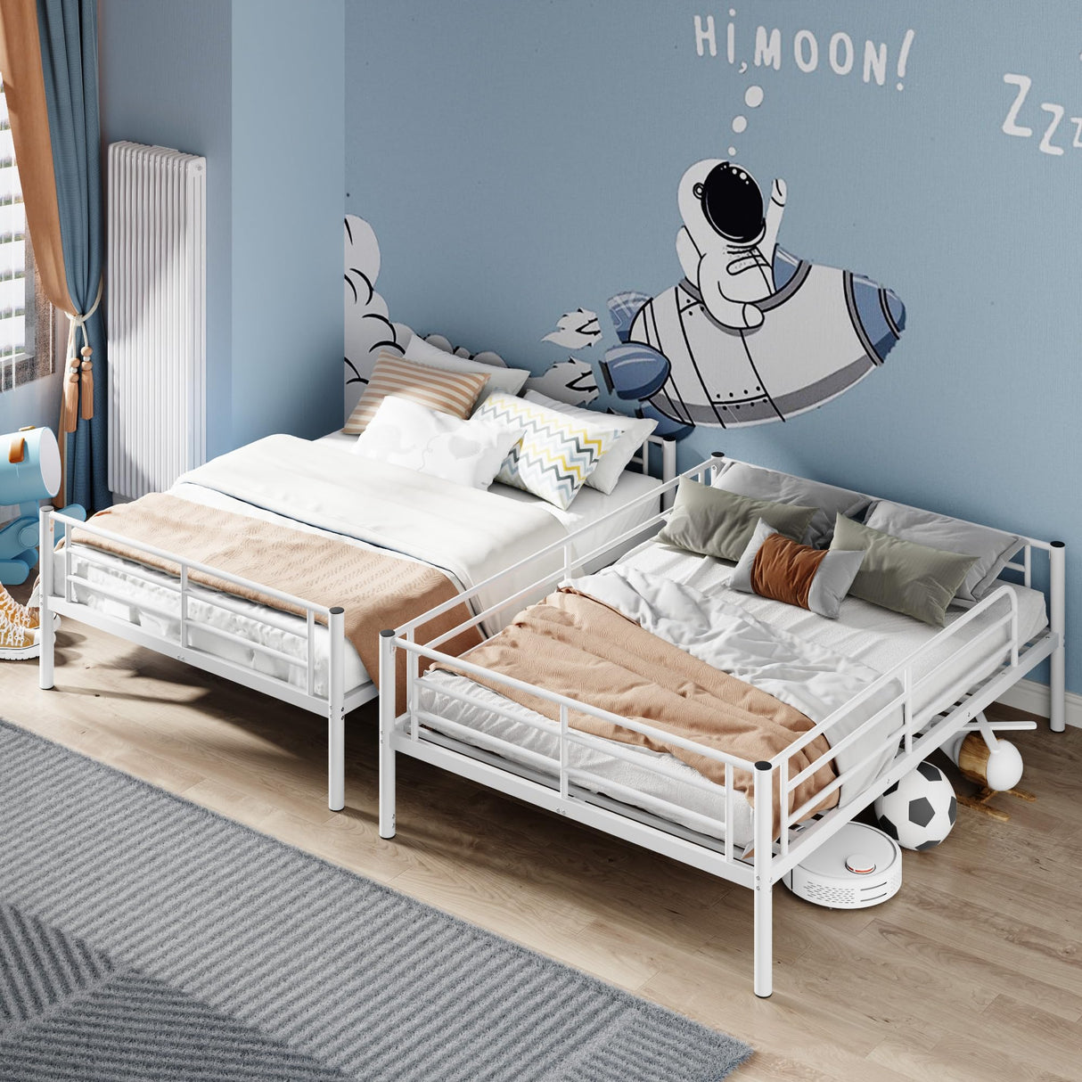 Merax Full Over Full Metal Bunk Bed with Ladder and high Guardrail, Able to Split, Storage Space, No Box Spring Needed, Noise Free, White Merax