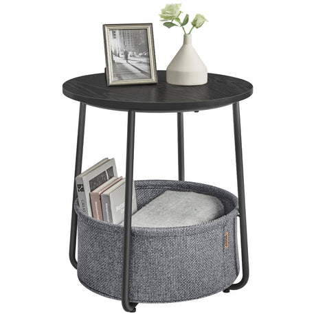 VASAGLE End Table, Small Bedside Table with Fabric Basket, Modern Nightstand, Round Side Table, for Living Room, Bedroom, Ebony Black and Slate Gray ULET223B01 VASAGLE