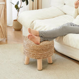 ALeesing Round Ottoman Natural Seagrass Footstool, Round Footstool with 4 Wood Legs, Hand Woven Round Footstool Sofa Stool, Multifunctional Modern Dressing Stool, Sofa Side Table for Bedroom (Nature) ALeesing