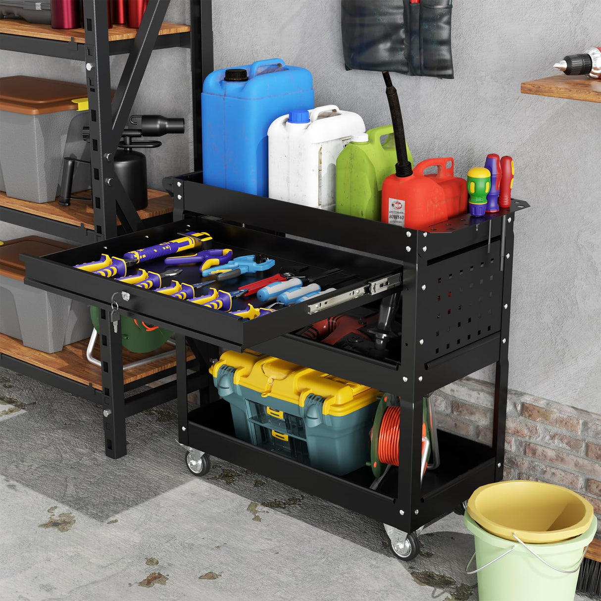 Heavy Duty 3 Tier Tool Cart, Mechanic Metal Rolling Tool Cart with Storage Drawers for Garage Workshop Maemttes