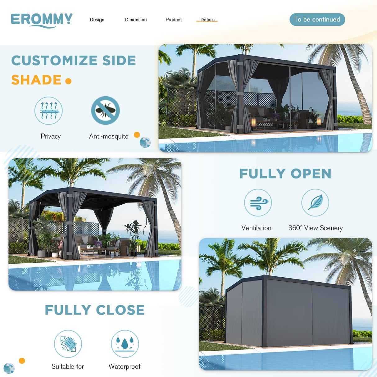 EROMMY Louvered Pergola 11' x 13' Outdoor Hard Top Mansard Roof Gazebo with Aluminum Frame and Adjustable Metal Rainproof Roof for Garden & Patio, Curtains and Netting Included, Gray-Black EROMMY