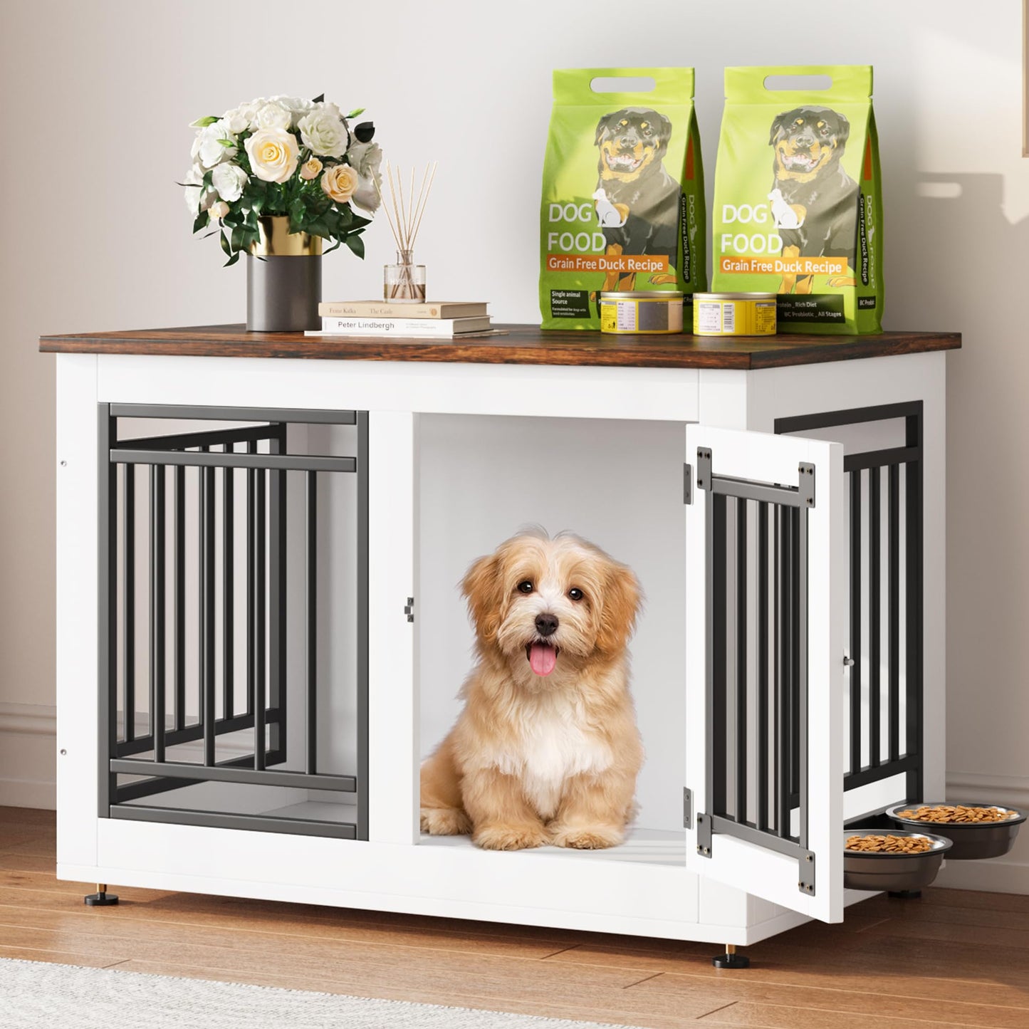 YITAHOME 39" Dog Crate Furniture, Wooden Dog Crate End Table for Large Dogs up to 70 lbs, Indoor Double Door Dog Crate with Adjustable Feet and Removable Bowls(39.7" L x 25" W x 27.9" H)