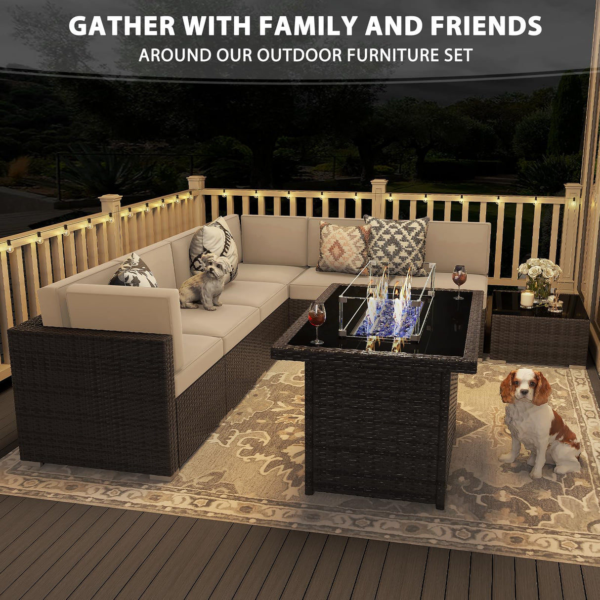 Vakollia 8 Pieces Patio Furniture Set with 44" Propane Gas Fire Pit Table, Outdoor Sectional Brown Rattan Wicker Conversation Sofa Sets with Coffee Table Vakollia