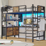Loft Bed Twin Size with L-Shaped Desk,Metal Bunk Bed Frame with 5 Storage Drawers, LED Lights & Charging Station,Twin Loft Bed with Removable Ladder, Safety Guardrail,No Box Spring Needed,Rustic Brown Dnxao