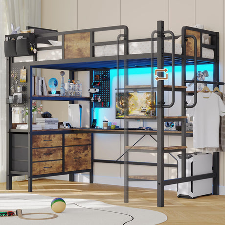 Loft Bed Twin Size with L-Shaped Desk,Metal Bunk Bed Frame with 5 Storage Drawers, LED Lights & Charging Station,Twin Loft Bed with Removable Ladder, Safety Guardrail,No Box Spring Needed,Rustic Brown Dnxao