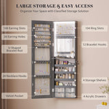 Vlsrka 47.2" LED Grey Jewelry Mirror Cabinet, Wall/Door Mounted Jewelry Armoire Organizer with Full-Length Mirror, Large Capacity Storage Hanging Cabinet, 4 Drawers, 5 Shelves, Built-in Lighted Mirror Vlsrka