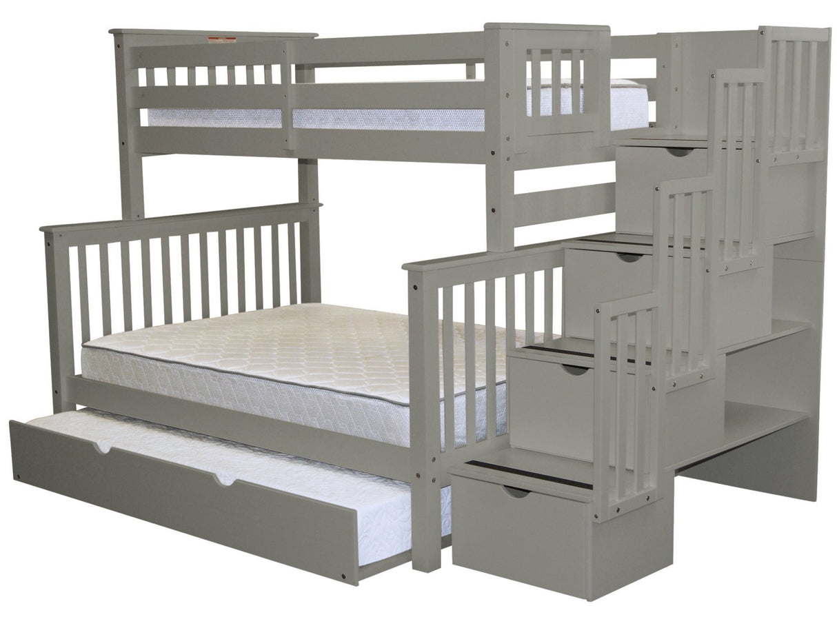 Bedz King Stairway Bunk Beds Twin over Full with 4 Drawers in the Steps and a Twin Trundle, Gray Bedz King