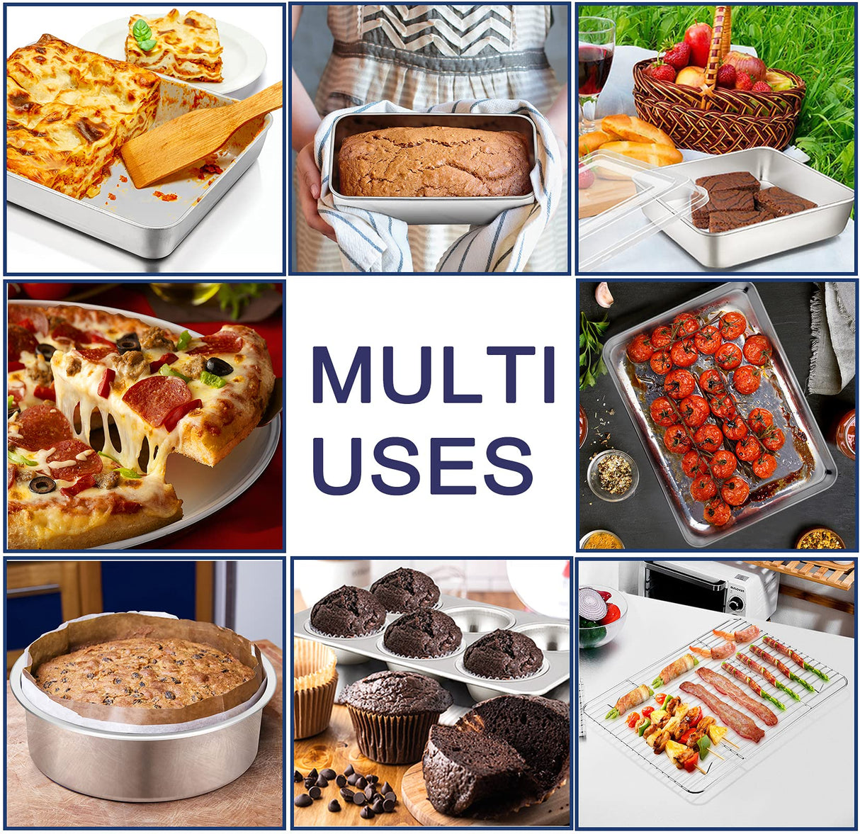 12-Piece Stainless Steel Baking Pans Set, P&P CHEF Kitchen Bakeware Set, Include Baking Sheet with Rack, Round/Square Cake Pan, Lasagna Pan, Loaf Pan, Muffin Pan, Pizza Tray & 2 Covers, Durable P&P CHEF