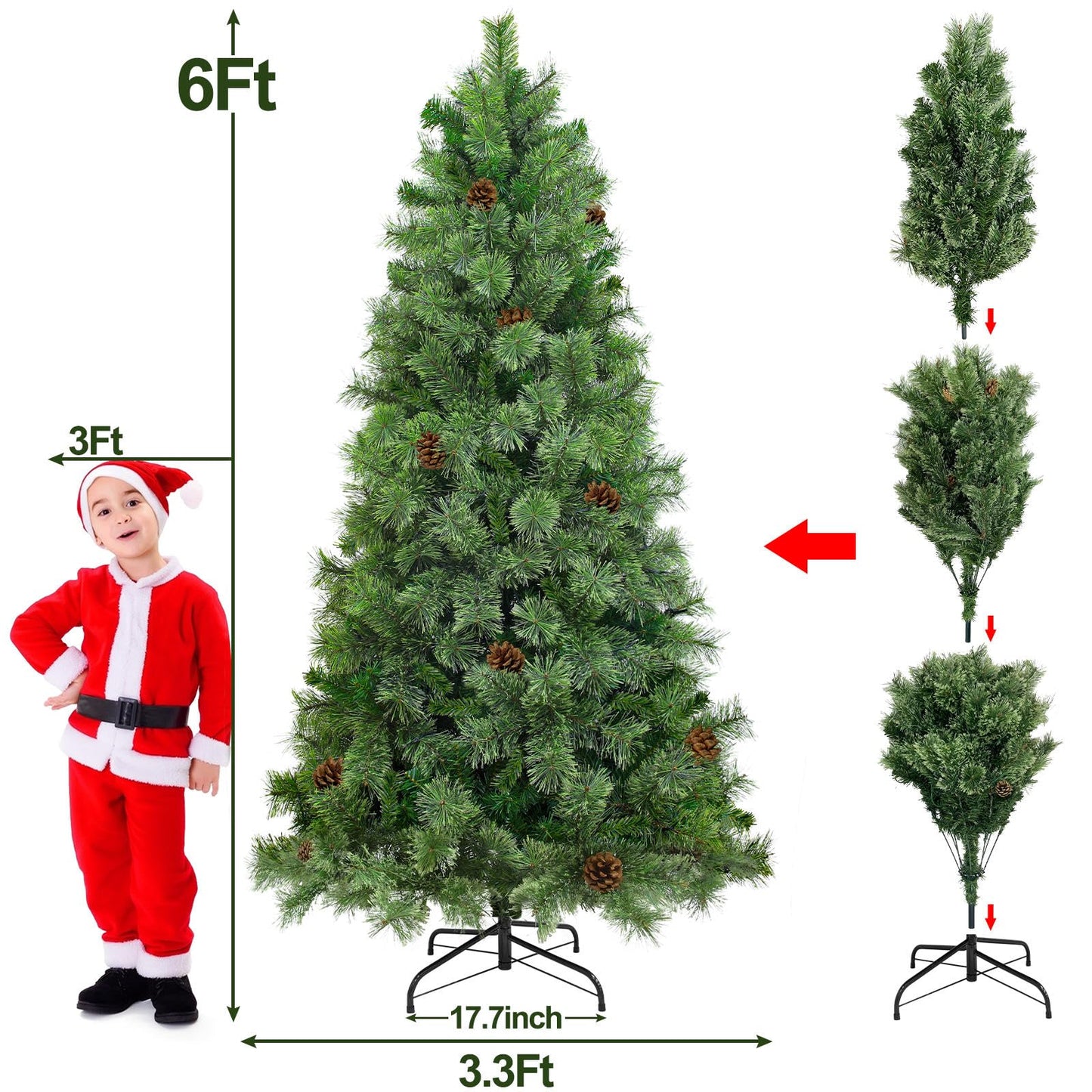 6 Ft by 40" Prelit Full Scotch Pine Christmas Tree with 200 Warm White & Colorful Change Lights Timer,555 Thick Mixed Branch Tips,33 Pinecones,8 Mode,Metal Stand,Hinged Tree Artificial Xmas Tree Decor