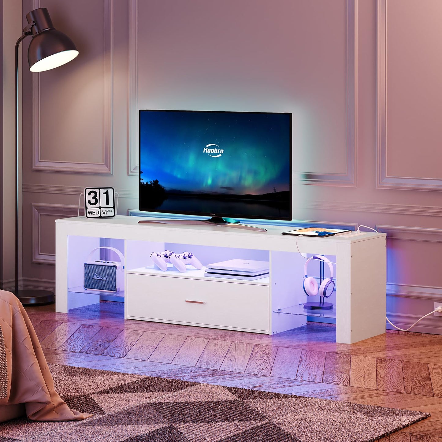 HOOBRO LED TV Stand with Power Outlets to 65 inch TV, Gaming Entertainment Center with Glass Shelves and Large Drawer, Modern Media TV Console Table for Living Room Bedroom, White WT14UDDS01