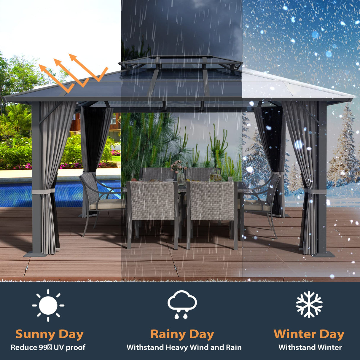 HAPPATIO Hardtop Gazebo, 10'x 12' Polycarbonate Double Roof Aluminum Furniture Gazebo, Outdoor Canopy with Netting and Curtains for Backyard, Patio, Parties, Lawns (Gray) HAPPATIO