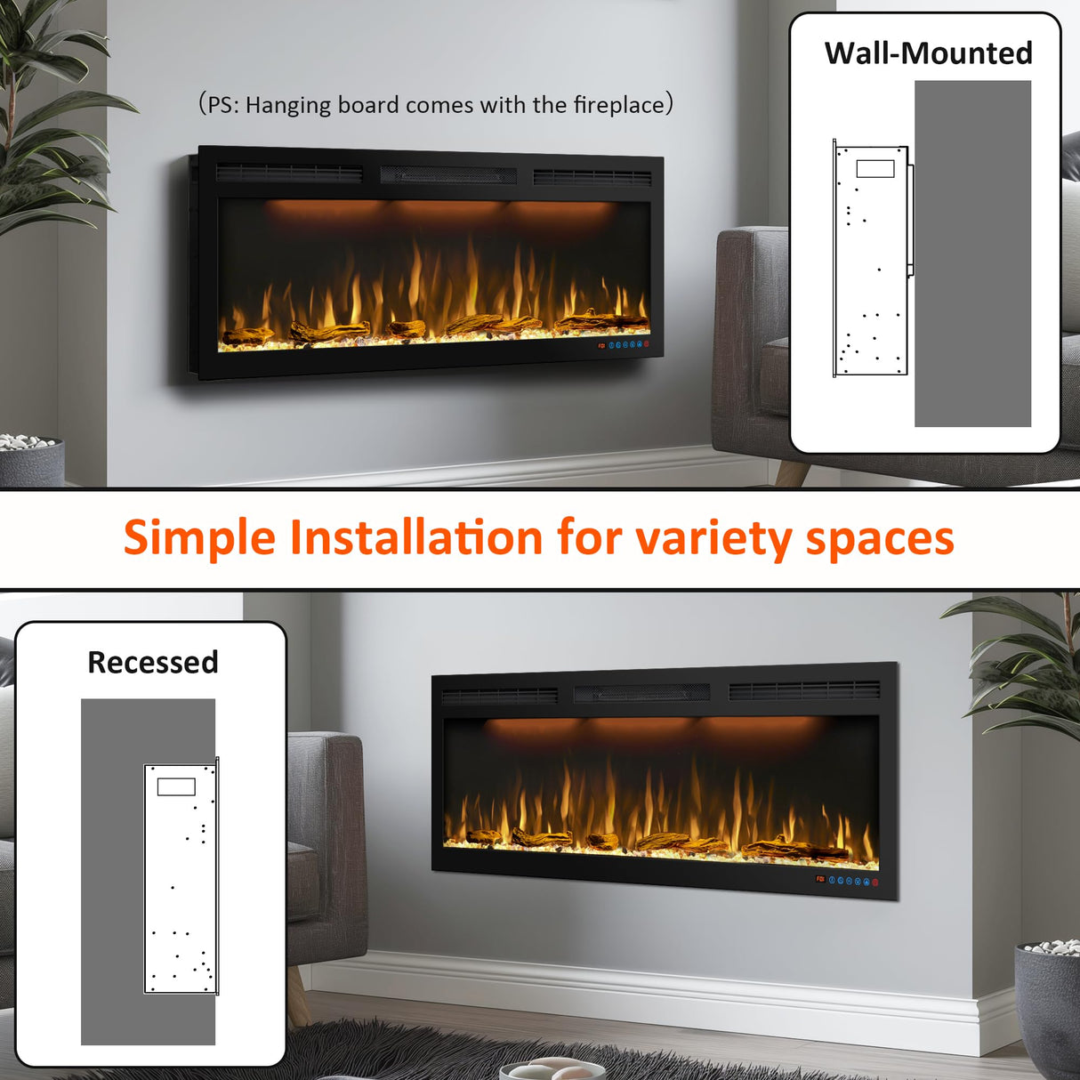 50 inches Electric Fireplace, Recessed and Wall Mounted Fireplace Heater and Linear Fireplace Inserts, with Timer, Remote Control, Adjustable Flame & Light Colors, 750W/1500W, Black Dreamflame