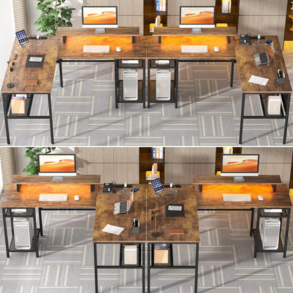Unikito L Shaped Desk with Magic Power Outlets and Smart Strip Light, Reversible 55 Inch Corner Computer Desk with Monitor Stand, Unique Grid Design, Office Table with Storage Shelves, Rustic Brown