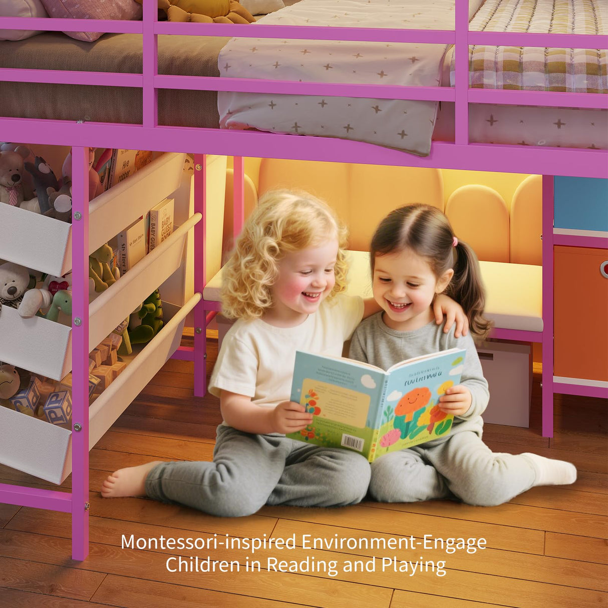 DICTAC Low Twin Size Loft Bed with Reading Corner and Bookshelf,Metal Twin Loft Bed with LED Lights,3 Sling Drawers&2 Movable Storage Bins,loft bed for Kids with 13.98"H Safety Guardrail & Stairs,Pink DICTAC