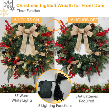 28’’ Pre-Lit Artificial Christmas Wreath, Battery Operated 35 LED Lights with Leaves, Red Berries, Natural Pine Cones, and a Linen Bow for Front Door, Xmas Wreath for Holiday Christmas Decorations