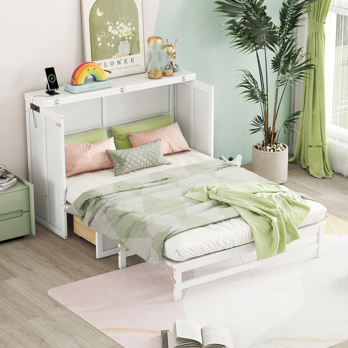 KEIKI Full Size Cabinet Murphy Bed with Charging Station and Drawers, Multiple Storage Foldable Hideaway Wall Murphy Bed Frame with Solid Slats, No Box Spring Needed, Easy Assembly, for Bedroom, White KEIKI