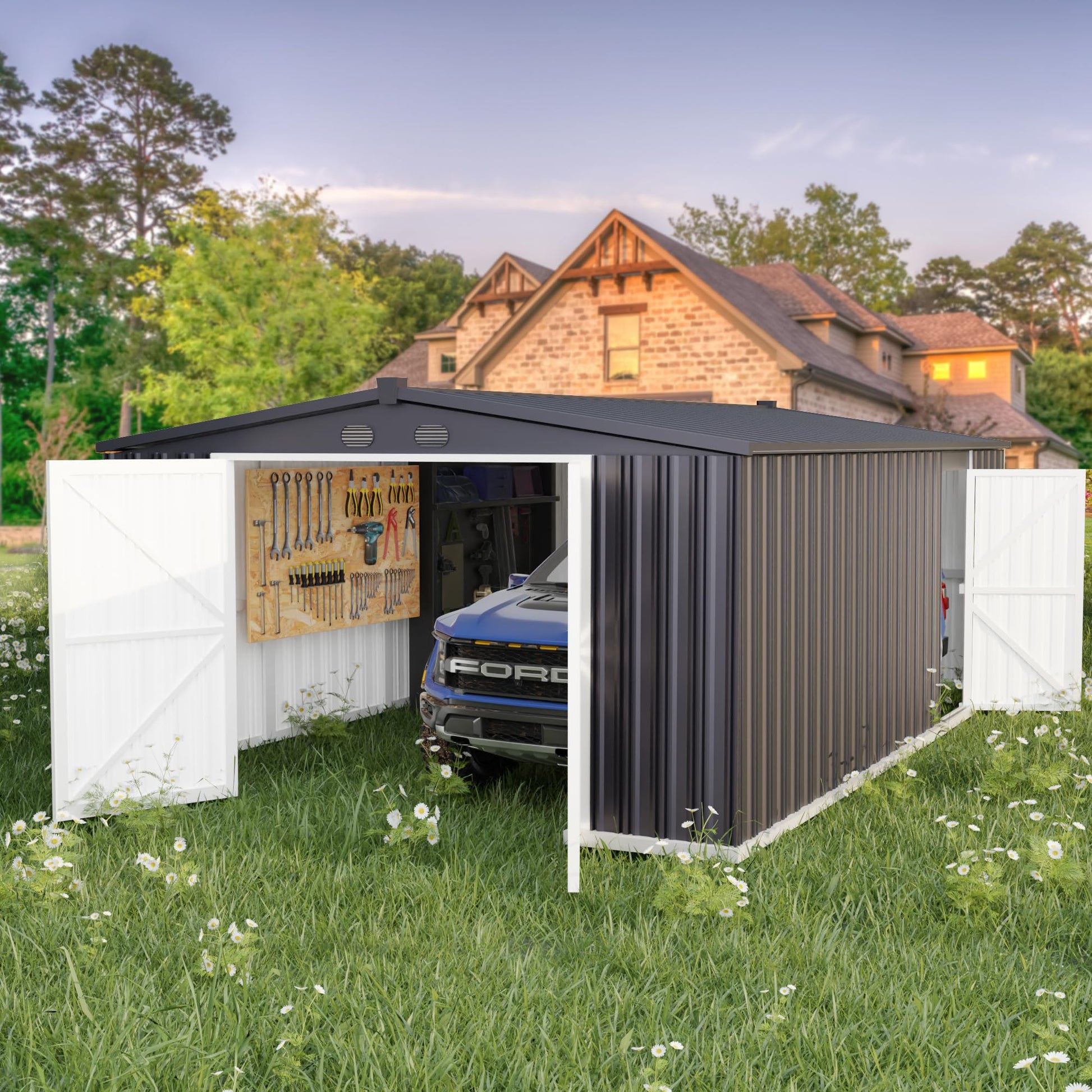 Outdoor Storage Shed 20x10 FT, Large Metal Garden Shed Backyard Utility Carport with 2 Doors and 4 Vents for Car,Truck, Garbage Can,Tool,Lawnmower - WoodArtSupply