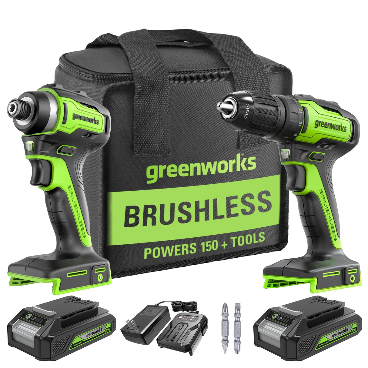 Greenworks 24V Brushless Cordless Drill and Impact Driver,Power Tool Combo Kit Included 1/2”Drill & 1/4”Hex Impact Driver and (2) Batteries, Fast Charger, 2 pcs Drill Bit Set & Bag Greenworks