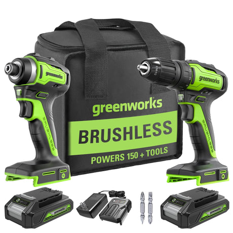 Greenworks 24V Brushless Cordless Drill and Impact Driver,Power Tool Combo Kit Included 1/2”Drill & 1/4”Hex Impact Driver and (2) Batteries, Fast Charger, 2 pcs Drill Bit Set & Bag Greenworks