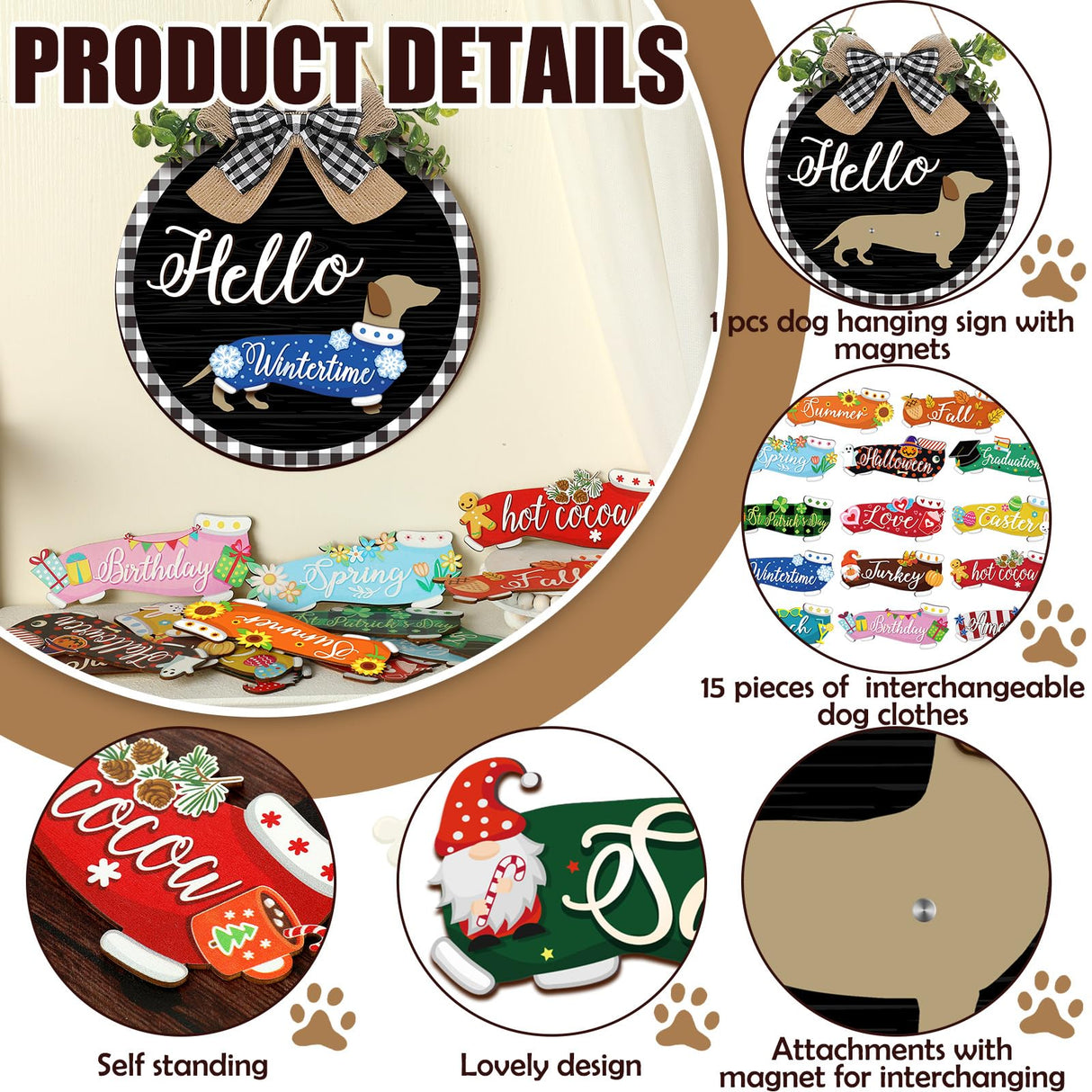 Glenmal 16 Pcs Seasonal Dachshund Door Decor for All Season and Holiday Hanging Cute Christmas Dachshund Welcome Sign Rustic Wooden Farmhouse Front Door Signs Outdoor(Black with Plaid Frame) Glenmal