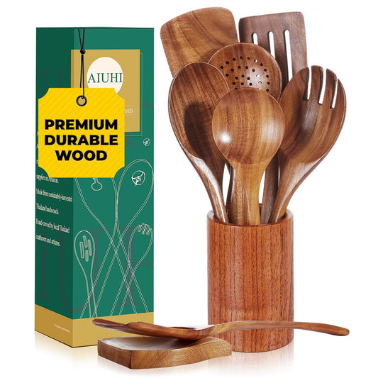 Natural Solid Teak Wooden Cooking Utensils for Nonstick Cookware, Wooden Kitchen Utensils Set Includes Spoons, Spatulas, Strainer Spoon, Salad Fork with Holder and Spoon Rest (9PCS)