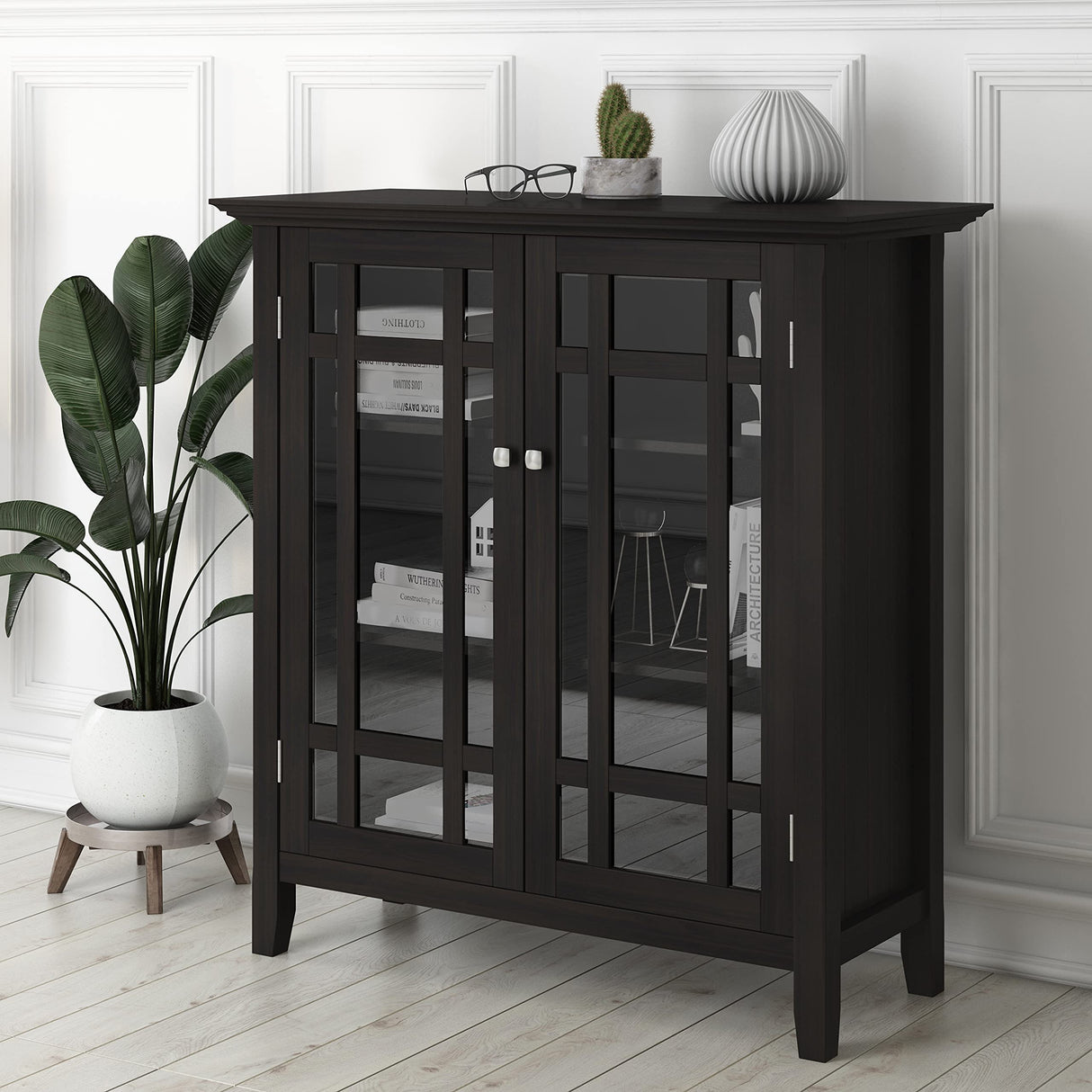 SIMPLIHOME Bedford SOLID WOOD 39 inch Wide Transitional Medium Storage Cabinet in Hickory Brown, with 2 Tempered Glass Doors, 4 Adjustable Shelves SIMPLIHOME