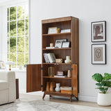 68" Fluted Tall Bookcase with Storage Cabinet,Mid-Century Modern 5-Tiers Arched Bookshelf Cabinet with Doors, Arched Bookcase with Open Display Storage Shelf for Home Office Bedroom Living Room,Walnut XUZENEST