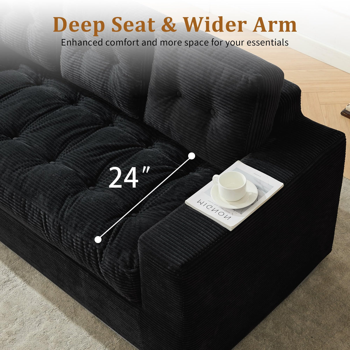 Korser 74" Boneless Couches for Living Room, Modern 3 Seater Sofa with Deep Seat, Comfy Cloud Sofa with Corduroy Fabric, No Assembly Couch, Bean Bag Couch for Bedroom, Dorm, Apartment, Black Korser