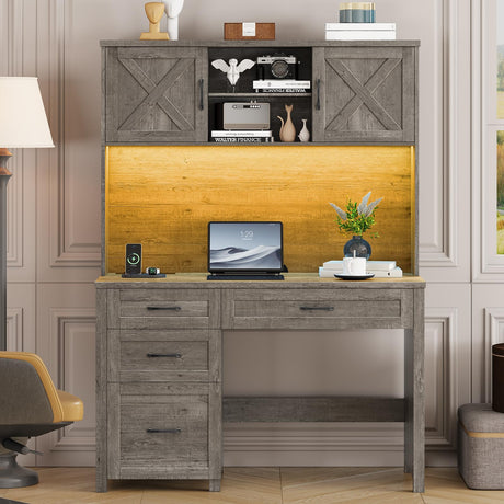Farmhouse 67" H Executive Desk with Hutch, 4 Drawers and LED Light, Computer Desk with Storage Cabinet & File Drawers and Charging Station, Workstation for Home Office and Study. Befrases