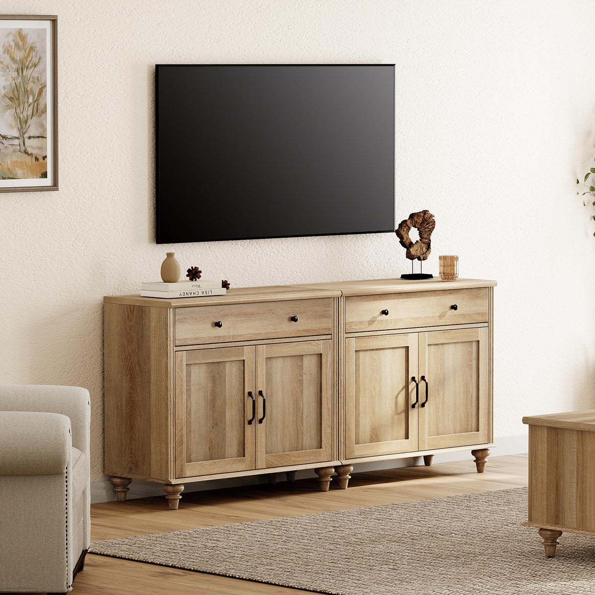 WAMPAT Farmhouse TV Stand for 75 inch TV with 4 Doors and 2 Drawers, Wood Universal TV Stand with Storage Cabinets, Oak Entertainment Center TV Console Table for Living Room, Bedroom WAMPAT