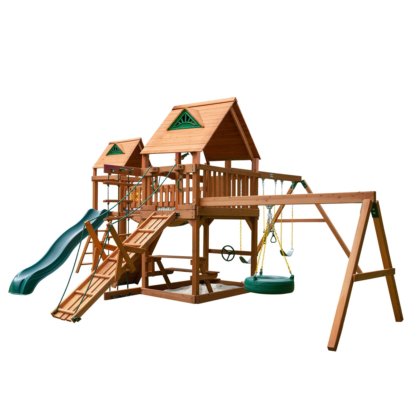 Gorilla Playsets 01-0006-AP Pioneer Peak Wood Swing Set with Wood Roof, Tire Swing, Clatter Bridge and Tower, Ramp, Slide, Two Swings, Amber