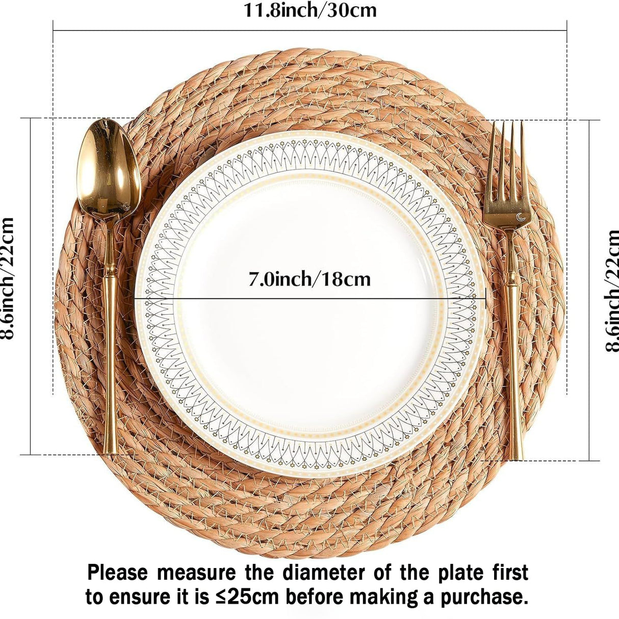 Handmade Heat Resistant 12" Round Woven Placemats Set of 8, Wicker Boho No Chemical Natural Water Hyacinth Place Mats, Farmhouse Table Mats for Kitchen Dining Table,Home Decorations,Wedding Chic Glamour