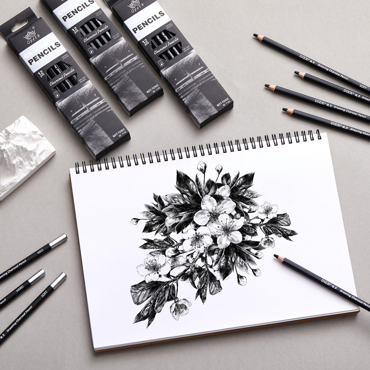 Geyoga 72 Pcs Professional Charcoal Pencils Soft, Medium and Hard for Drawing Charcoal Pencils for Art Painting Sketching Shading Drawing Blending Portrait Artists Students Back to School Gifts Geyoga