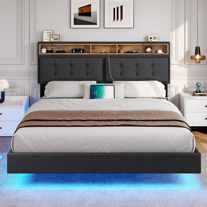 Modern DICTAC Queen Floating Bed Frame with LED Lights and Storage Headboard - WoodArtSupply