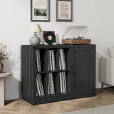 Record Player Stand with Vinyl Storage, Farmhouse Turntable Cabinet with Door, Vinyl Display Holder Shelves up to 750 Albums, Wooden Storage for Living Room, Black SLEKVERSA
