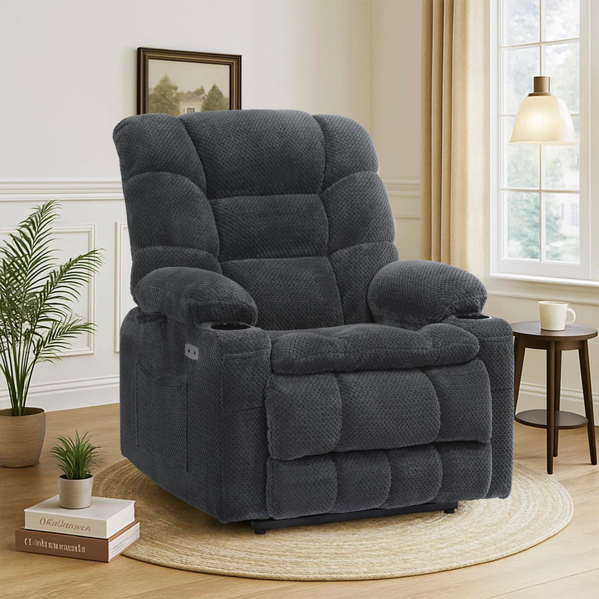 EONIX Dual Motor Lay Flat Power Lift Recliner Chair for Elderly with Heat and Massage, Electric Lift Chairs with Cup Holders for Living Room, 400lbs Heavy Duty, Plush Fabric, SLRY001060, Dark Grey EONIX