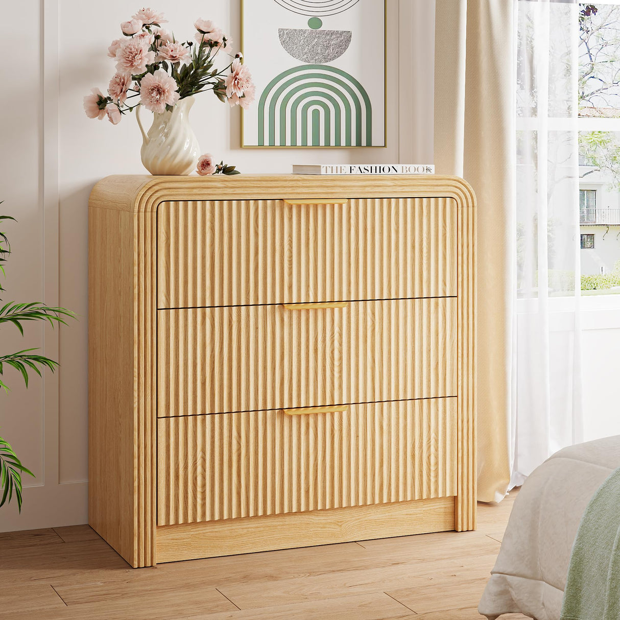 Fluted 3 Drawer Dresser, 31.8'' Tall Dresser for Bedroom, Modern Wood Chest of Drawers with Round Edge & Metal Handle, Large Nightstand with 3 Drawers for Living Room, Hallway, Entryway (Natural Oak) Decofy