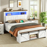 Farmhouse Full Size Bed Frame with Sliding Barn Door and Storage Bookcase, PU Leather Headboard with Charging Station and LED Light, Arc-Shaped Slats, No Box Spring Needed, No Noise, White and Walnut RALGEND