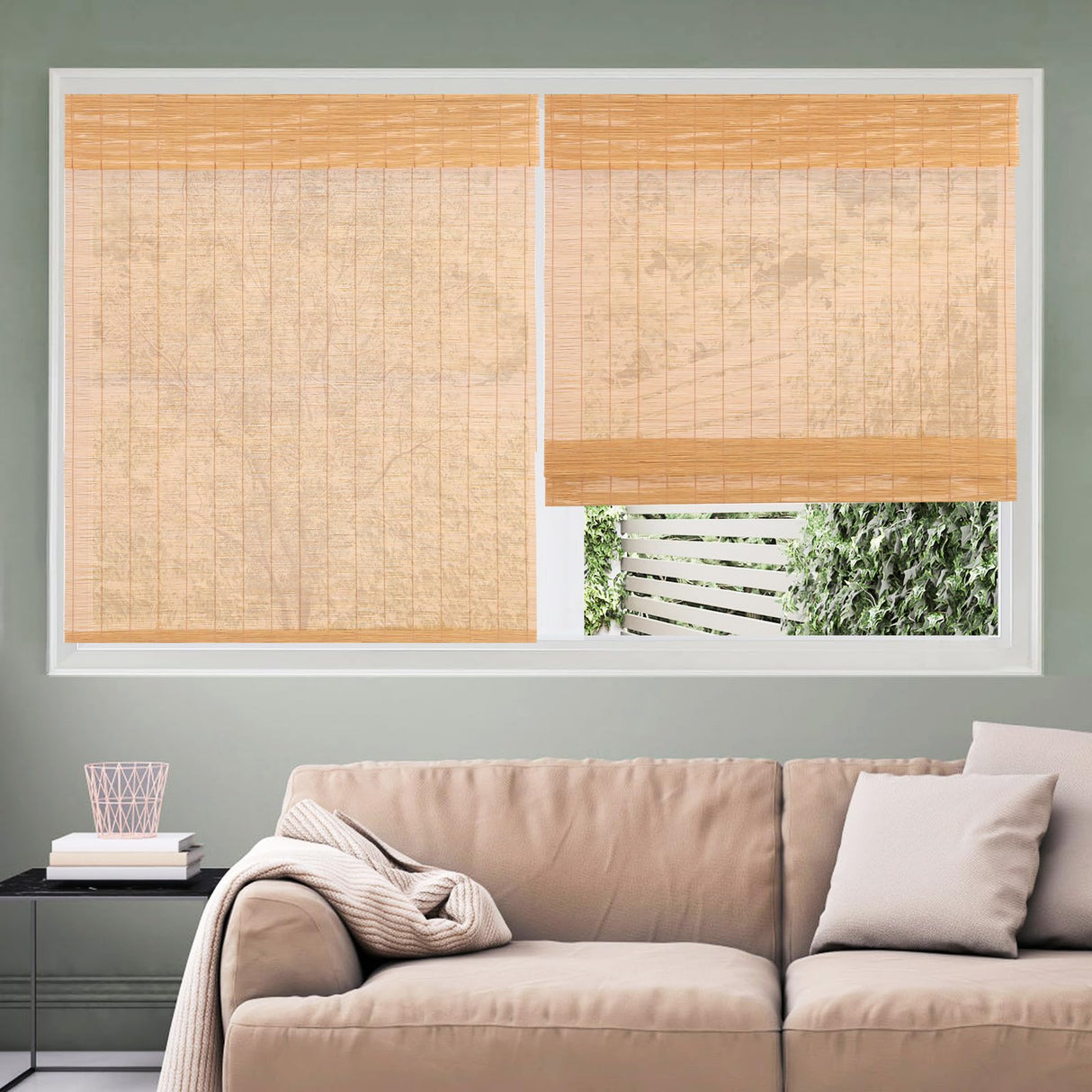 CHEFRU Cordless Bamboo Window Roman Shades, Almond, Indoor/Outdoor Privacy Cordless Wood Window Shades Blinds CHEFRU