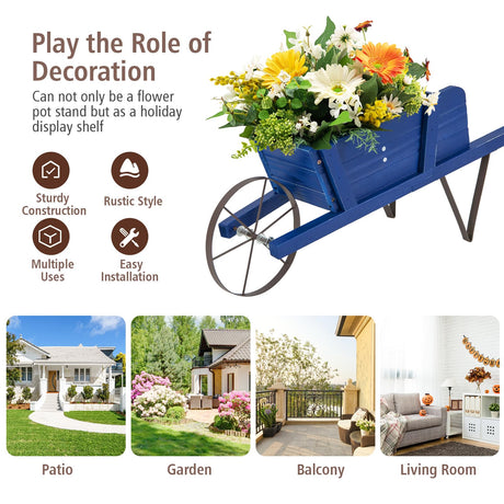 Giantex Wooden Wagon Planter, Small Wheelbarrow Wagon Flower, Indoor & Outdoor Raised Bed W/ 9 Magnetic Accessories, Wheel, 2 Handle, Wood Flower Cart Planter for Garden Backyard Holiday (Blue) Giantex